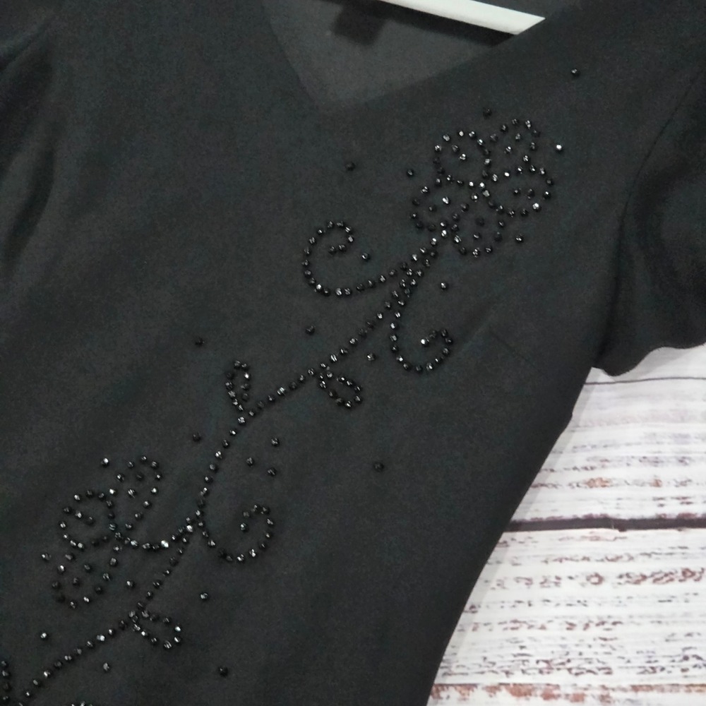 SL Fashions Beaded Floral Sheath Dress Womens 10 Black Excellent Flutter Sleeve